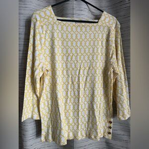 CHICO'S Sz 3 (XL/16) Women's yellow & white button detail Square Neck 3/4 sleeve